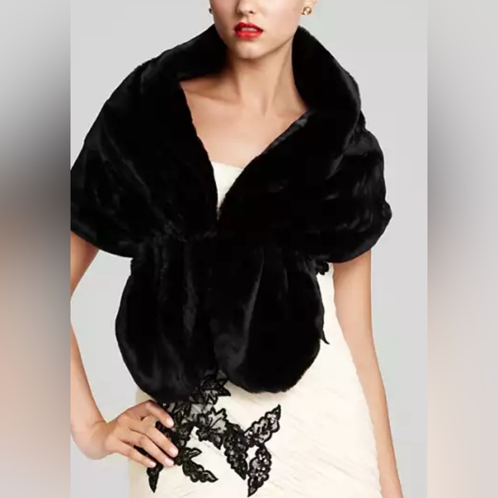 Sue Wong Nocturne Black Faux Fur Formal evening Wrap Shawl Stole Size Large